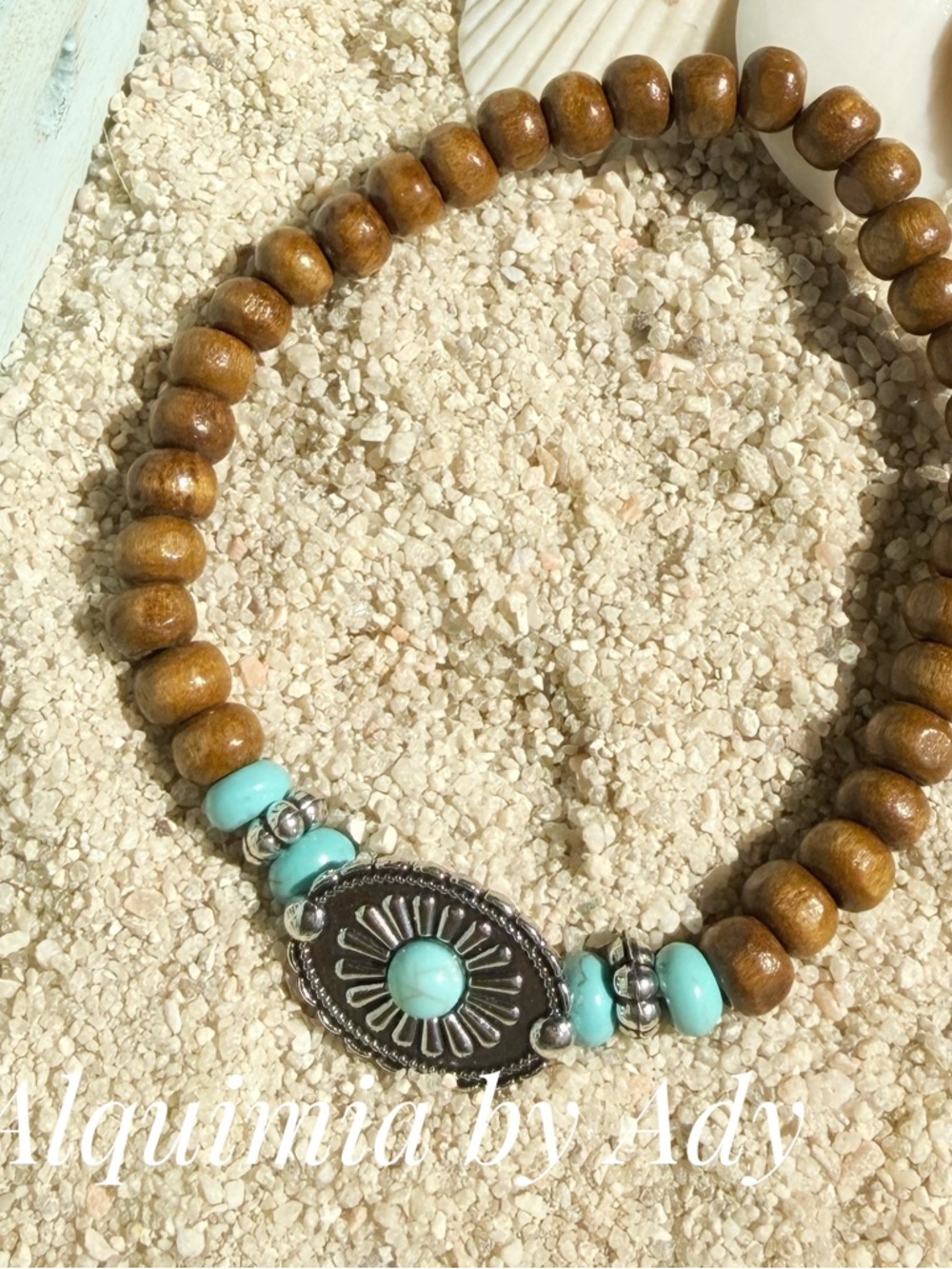 Alquimia Turquoise & Brown Beaded Stretch Bracelet with Silver Medallion